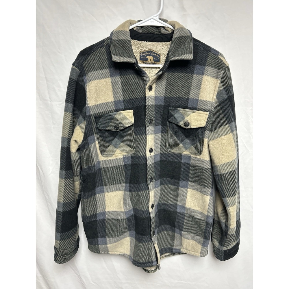 Freedom Foundry Flannel Shirt Sherpa Shacket Tan Black Blue Plaid Rugged Mens M